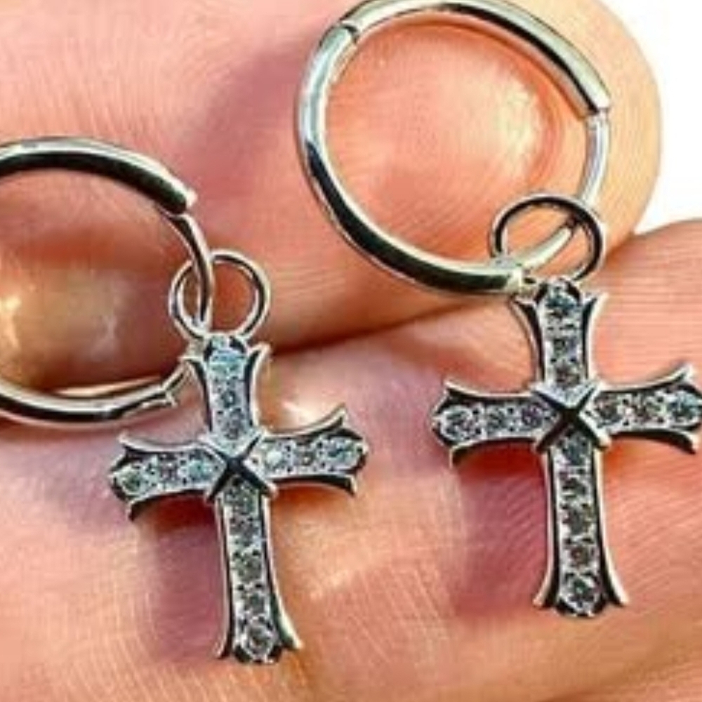 Cross Earrings Men Women, Hoop and Huggie Earrings, 14k White Gold Plated